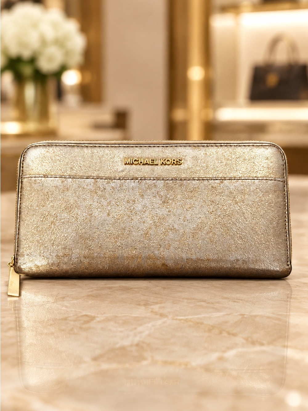 Michael Kors Metallic Gold Silver Leather Zip Around Continental Wallet